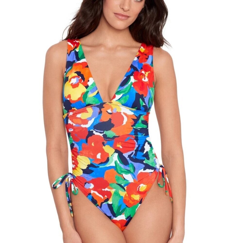 NWT Lauren Ralph Lauren Bold Floral Shirred Plunge One Piece Swimsuit